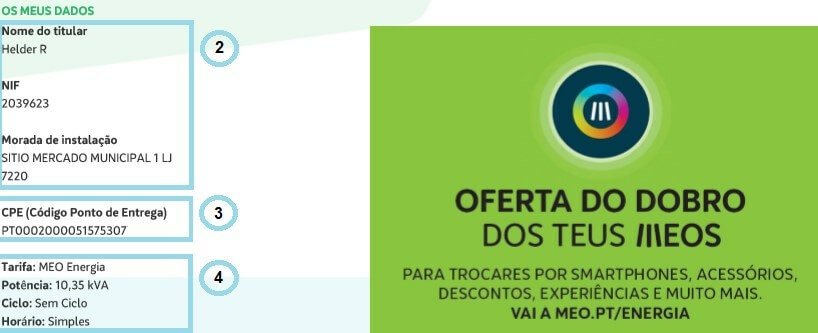 Dados do cliente de uma fatura MEO Energia Dados do cliente de uma fatura MEO Energia