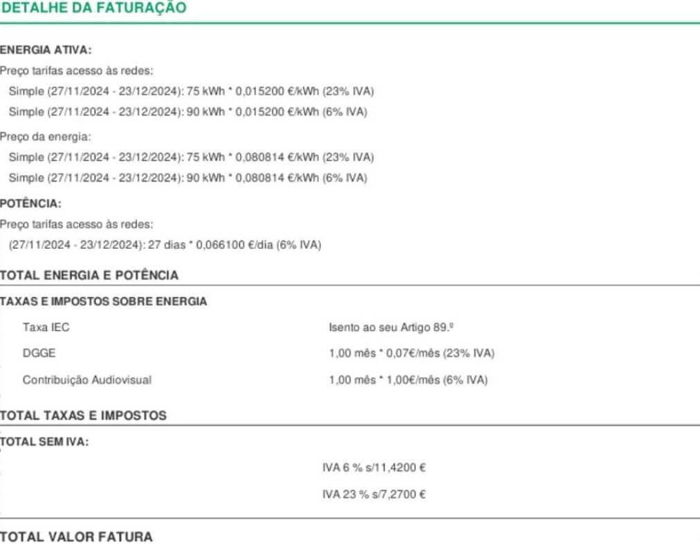 Fatura Plenitude: Detalhe da Faturação
