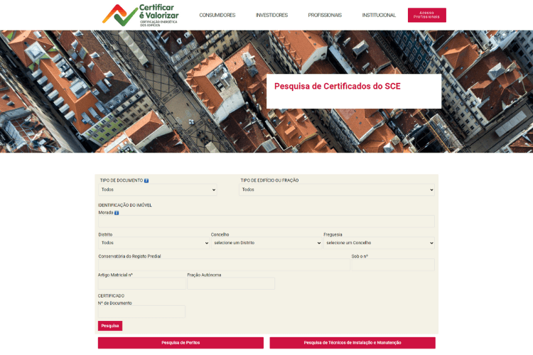 Pesquisa de Certificados Energéticos no portal do SCE