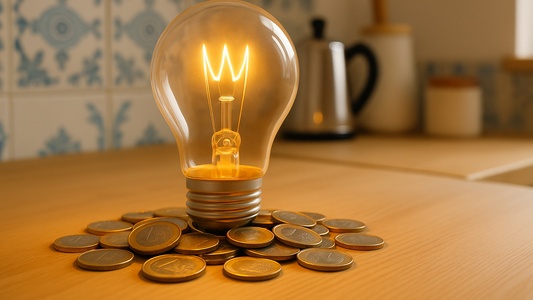 lampada acesa com moedas em casa portuguesa simbolizando a queda do preço da luz neste sábado, dia 13 de setembro