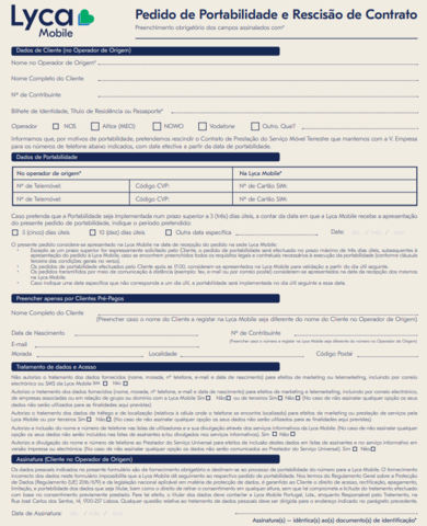 Formulario de portabilidade Lyca Mobile